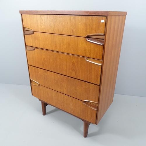 2096 - A mid-century teak chest of five long drawers, with label for Remploy. 85x117x43cm