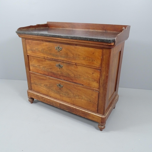 2109 - A continental mahogany and marble-topped chest of three long drawers, with raised back on turned leg... 