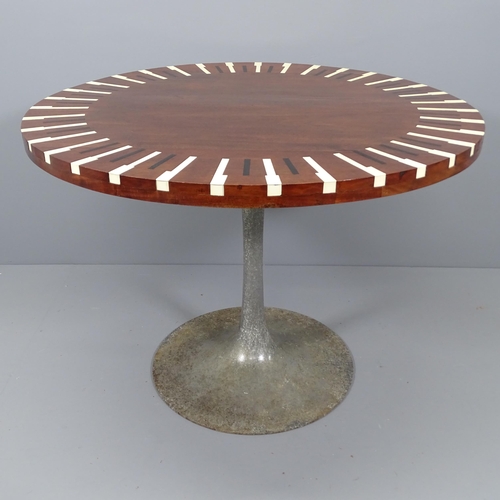 2116 - A mid-century design dining table with mahogany top, inlaid with piano key design on lacquered weath... 