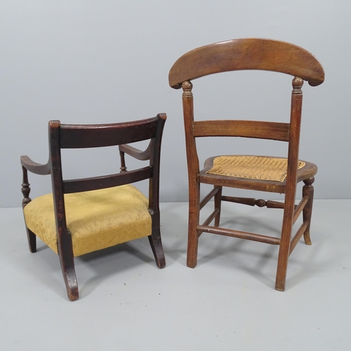 2121 - A child's mahogany cane seated chair, Height 60cm, and another child's chair. (2)