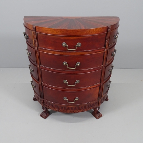 2123 - A modern mahogany demi-lune chest of twelve drawers, with sunburst design top and raised on claw sha... 