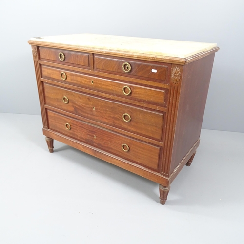 2125 - A modern French mahogany marble top chest of two short and three long drawers. 110x90x59cm