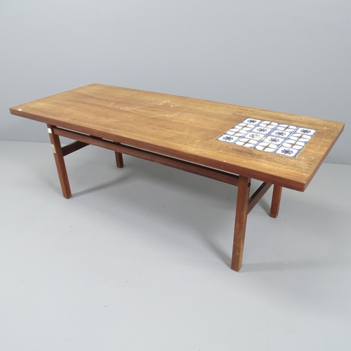 2133 - A mid-century rosewood veneered coffee table, with inset tile panel. 150x52x60cm