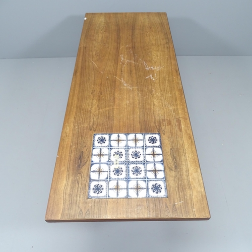 2133 - A mid-century rosewood veneered coffee table, with inset tile panel. 150x52x60cm