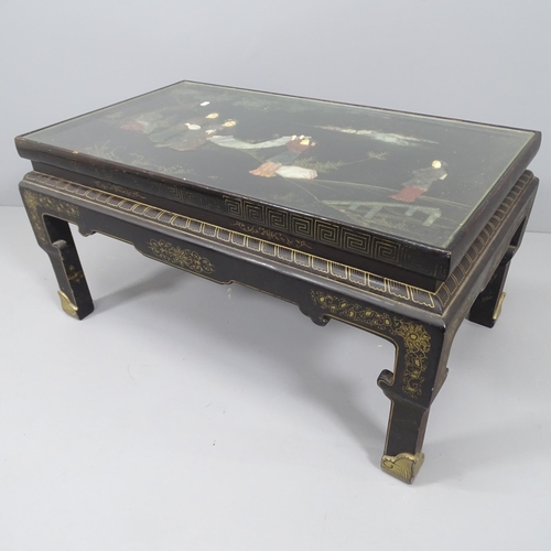 2140 - A Chinese black lacquered coffee table, with hardstone, ivory and gilt-painted decoration and inset ... 