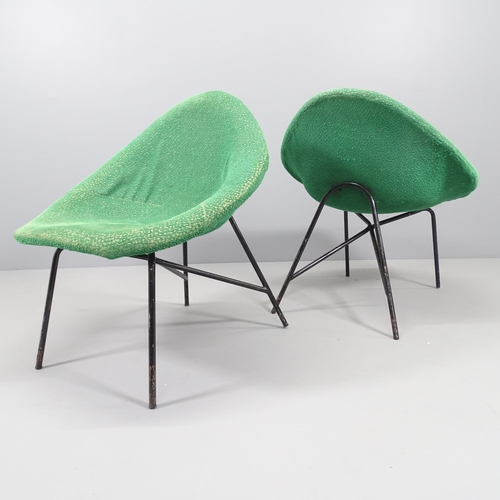 2146 - A pair of mid-century Italian saucer shaped lounge chairs, upholstered fibreglass shell on black tub... 