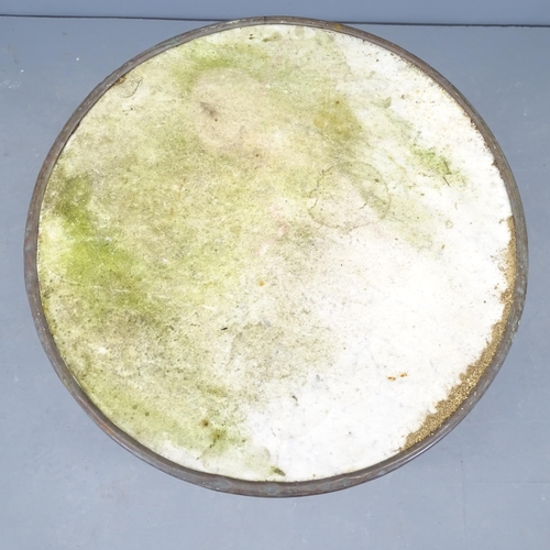 2663 - A vintage circular marble top garden table on wrought metal base. 55x73cm