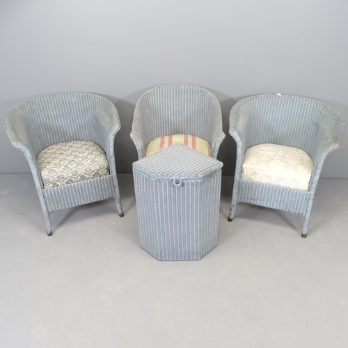 2670 - Three Lloyd Loom arm chairs, with maker's labels, and a corner laundry basket (4).