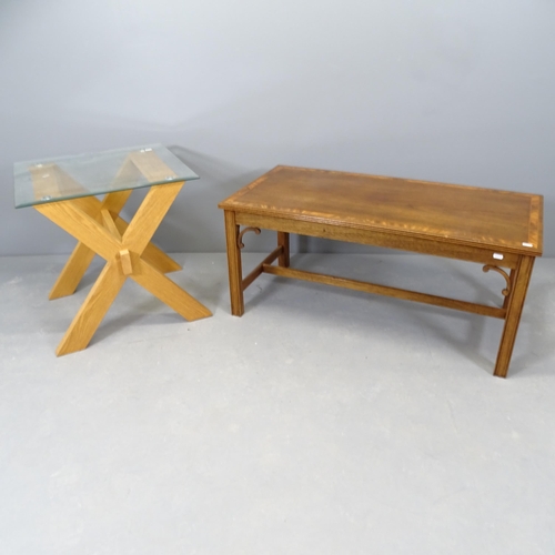 2674 - Am antique cross-banded mahogany coffee table with inlaid decoration, 102x46x51cm, and a modern glas... 