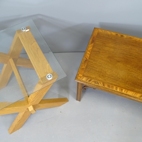 2674 - Am antique cross-banded mahogany coffee table with inlaid decoration, 102x46x51cm, and a modern glas... 