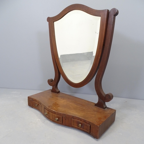 2690 - A Victorian mahogany shield-shaped swing toilet mirror with drawer fitted base. 56x68x27cm