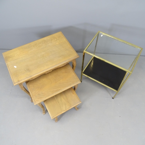 2692 - A modern French oak nest of three occasion tables, largest 66x56x42cm, and a modern brass two-tier o... 