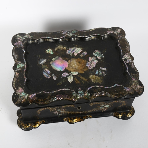 22 - A Victorian papier mache jewel box with inlaid mother-of-pearl decoration, width 25cm