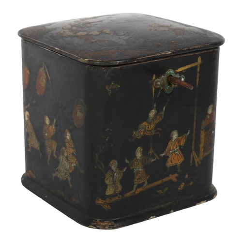 23 - A 19th century Chinese black lacquered papier mache tea caddy, with painted and gilded figure decora... 