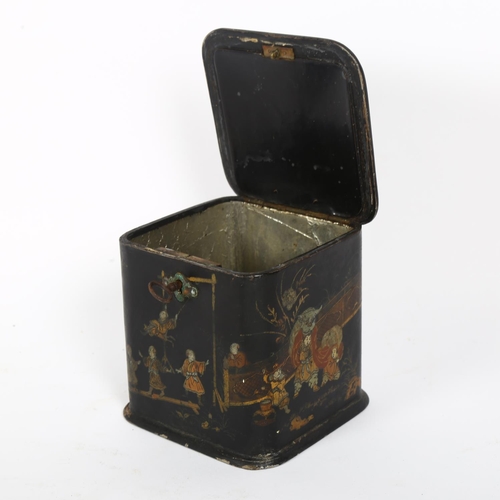 23 - A 19th century Chinese black lacquered papier mache tea caddy, with painted and gilded figure decora... 