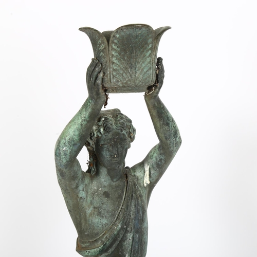 26 - A verdigris bronze figure of a Grecian lady, on cast-iron stepped plinth base, H57.5cm