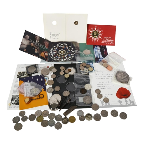 113 - A tray of mainly current English coins, 50p's, £2 coin etc, and various shillings, a Roman Emperor G... 