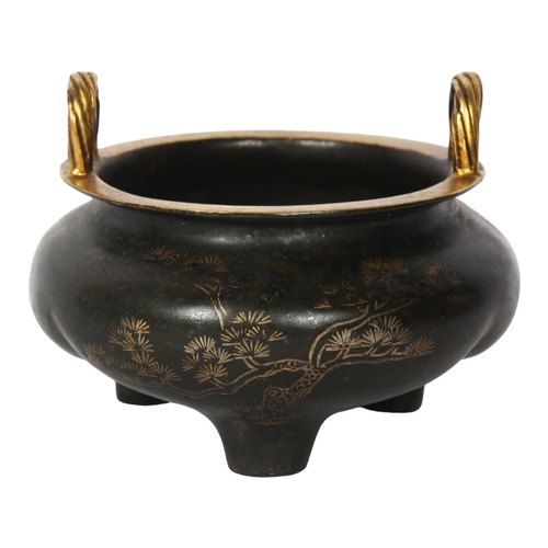 119 - A Chinese bronze 2-handled censer, with gilded bamboo and blossom decoration, on 3 feet, width 12cm,... 