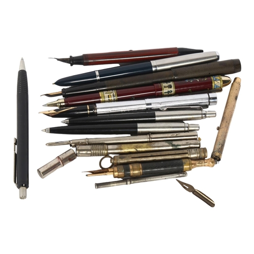 126 - A collection of various pens, including a Delarau & Company Onoto The Pen 14ct gold nib, Parker pens... 