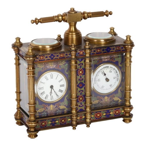 136 - A combination desk clock and barometer, brass-cased with blue ground cloisonne decoration, with flut... 