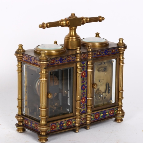 136 - A combination desk clock and barometer, brass-cased with blue ground cloisonne decoration, with flut... 