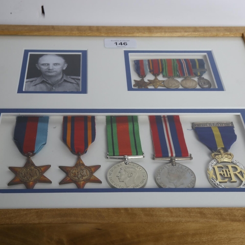 146 - A framed set of Second World War medals, including the Burma Star and The Emergency Reserve Decorati... 