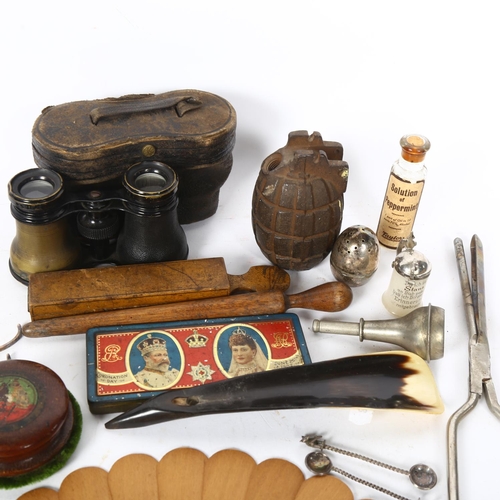 151 - A box of collectables including a Mills no. 23 MkII hand grenade, no fittings, opera glasses, candle... 