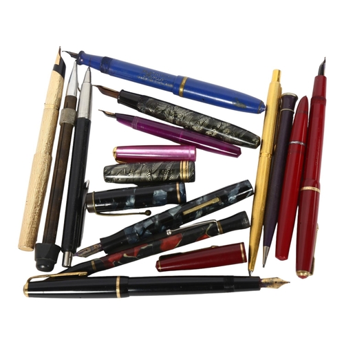 159 - A collection of fountain and other pens, including a Mentimore 14ct gold nib with mottled body, Conw... 