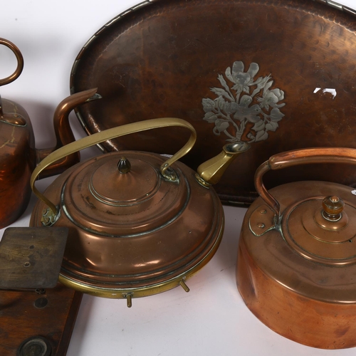 170 - 3 x 19th copper kettles, a copper and silvered inlaid tray, postal balance scales etc