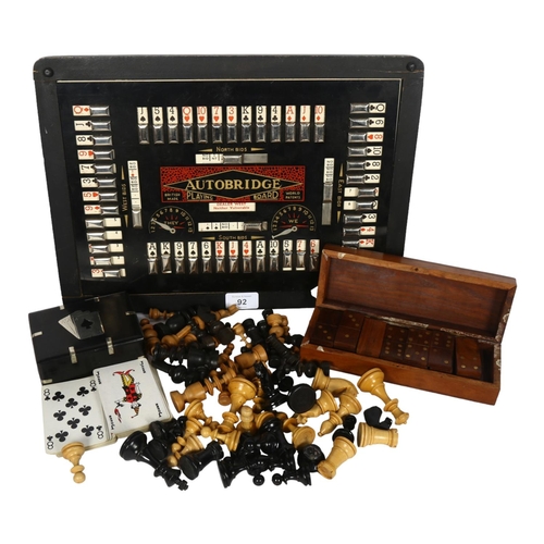 92 - A Vintage Autobridge playing board, turned wood chess set, an ebony and chrome-mounted card box, a b... 