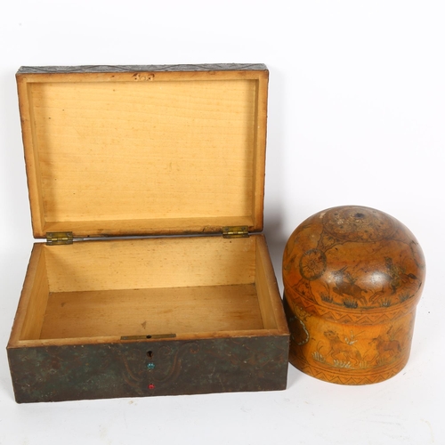 182 - A Victorian hand painted dome-top box, and a brass-clad box with printed decoration to the lid