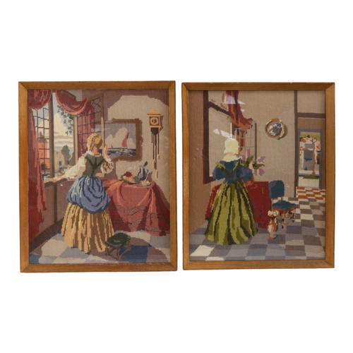 207 - 2 similar needlepoint pictures of Dutch interiors, in a Vintage wooden frame, depicting household sc... 