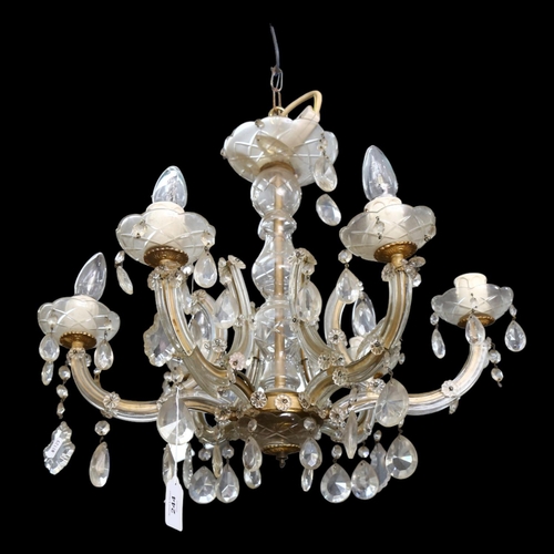 244 - A 6-branch gilt-metal chandelier with glass lustres, drop approx 60cm, and there are 2 associated wa... 