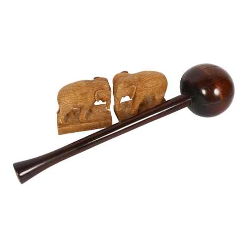 286 - A Vintage hardwood knobkerrie, L50cm, and a pair of wooden elephant figurines