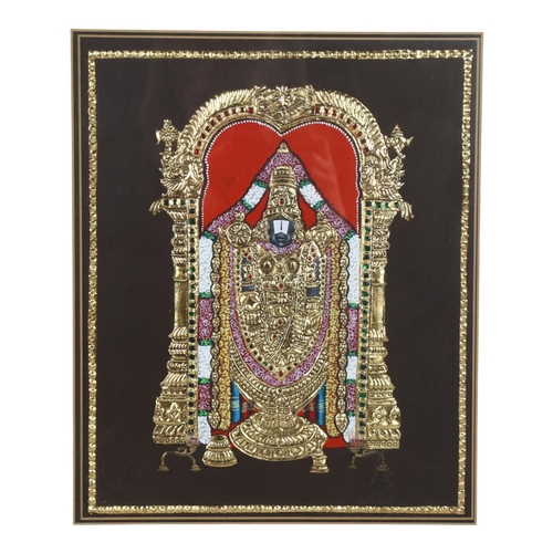 288 - A picture of a Thai icon, Lord Venkatesware As Balaji, hand painted on muslin, then attached to a wo... 