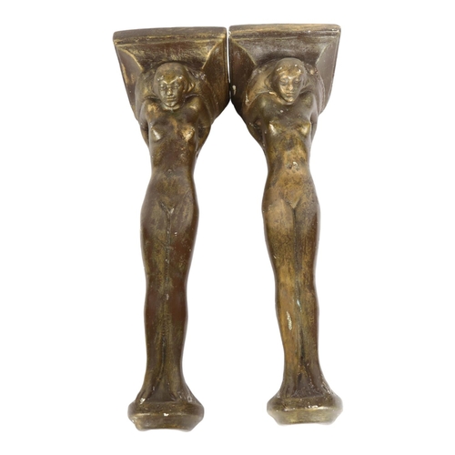 292 - A pair of early 20th century nude female gilded plaster wall-hanging brackets, L45cm