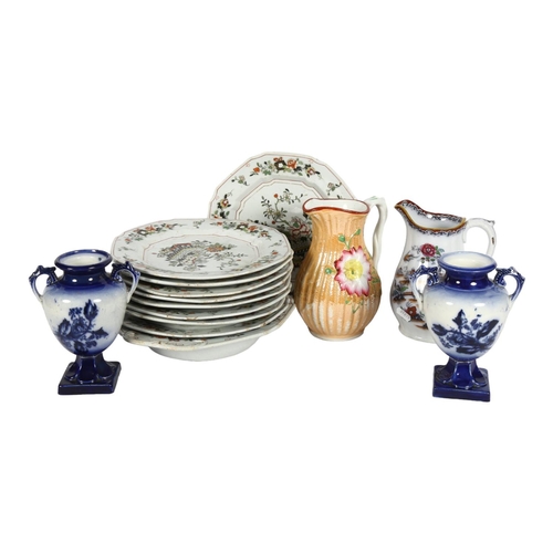 296 - A quantity of 19th century Mason's ironstone dinnerware, 2 Victorian jugs, and a pair of blue and wh... 