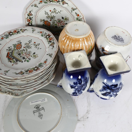 296 - A quantity of 19th century Mason's ironstone dinnerware, 2 Victorian jugs, and a pair of blue and wh... 