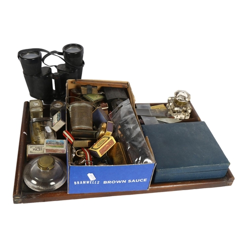 301 - Desk items, pocket watches, binoculars, tea tray and other interesting items