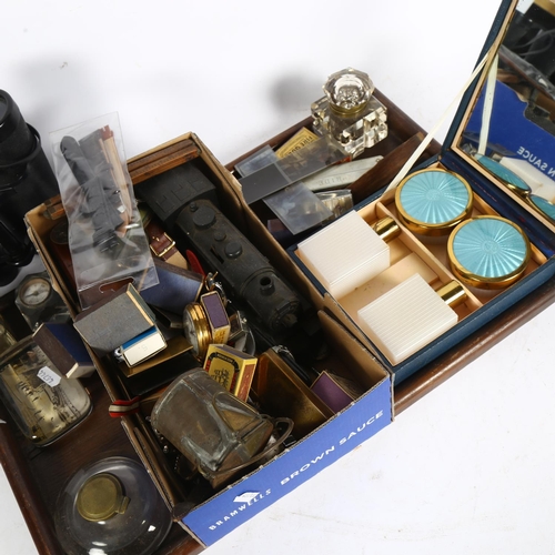 301 - Desk items, pocket watches, binoculars, tea tray and other interesting items