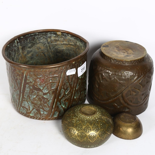 310 - 2 Eastern embossed copper planters, tallest 15cm, and 2 brass bowls