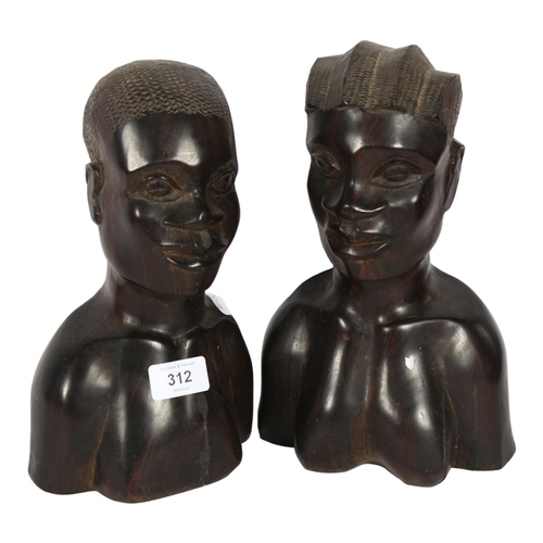 312 - 2 African carved ebony busts, tallest 27cm