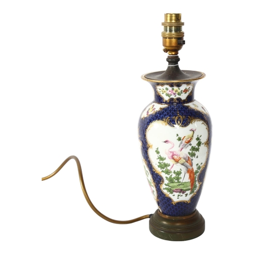 320 - 19th century Continental porcelain table lamp, with painted and gilded exotic birds and insects, hei... 