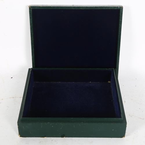 322 - A green leather-bound jewel box, with floral enamel inset panel, 22cm x 19cm