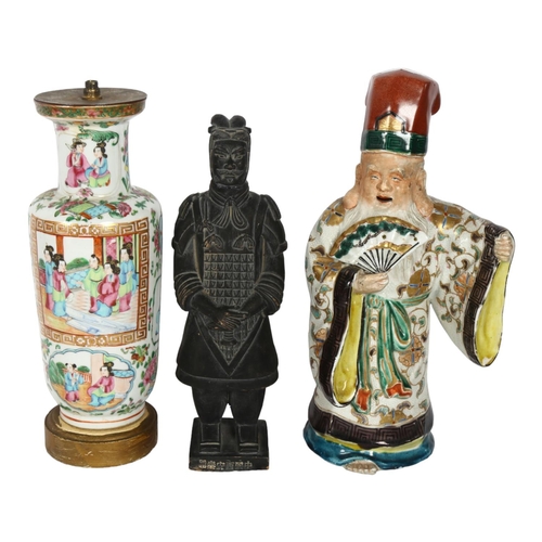 325 - A Chinese porcelain lamp base, a Chinese sage, H29cm, and a terracotta warrior