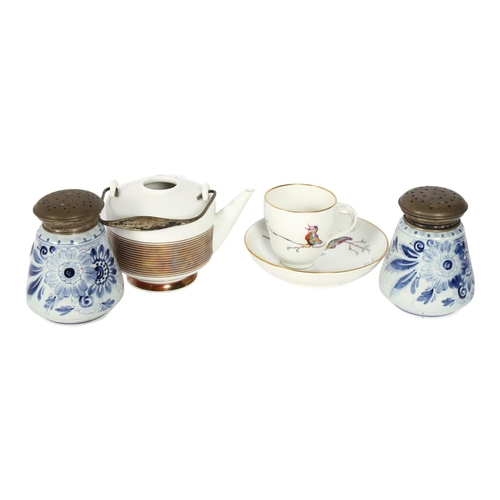 330 - A pair of silver-mounted Delft condiments, 9cm, a KPM painted porcelain cabinet cup and saucer, and ... 