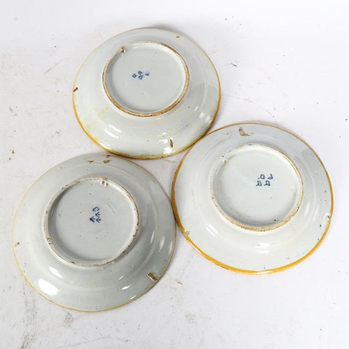 335 - A set of 3 blue and white Antique painted pottery dishes, 16cm