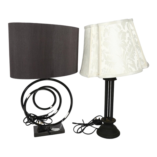 342 - A Classical design composition table lamp with shade, H60cm, and a modernist table lamp with purple ... 