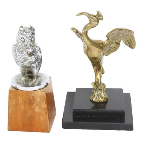 343 - A silvered cast-metal owl car mascot on wooden plinth, H15cm overall, and a mythical brass bird car ... 