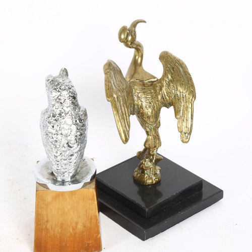 343 - A silvered cast-metal owl car mascot on wooden plinth, H15cm overall, and a mythical brass bird car ... 